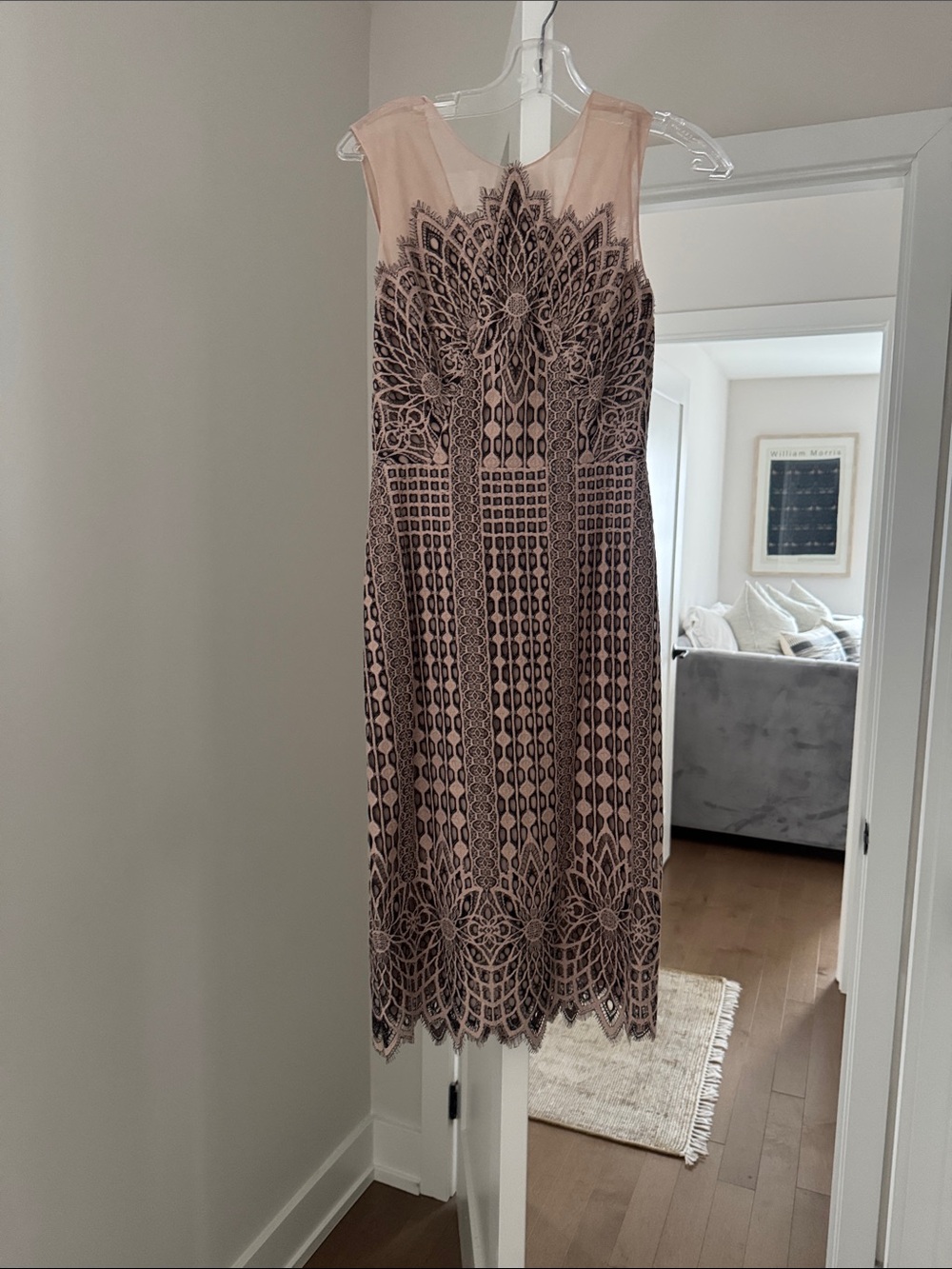 Sleeveless Pink Lace Overlay Sheath Dress